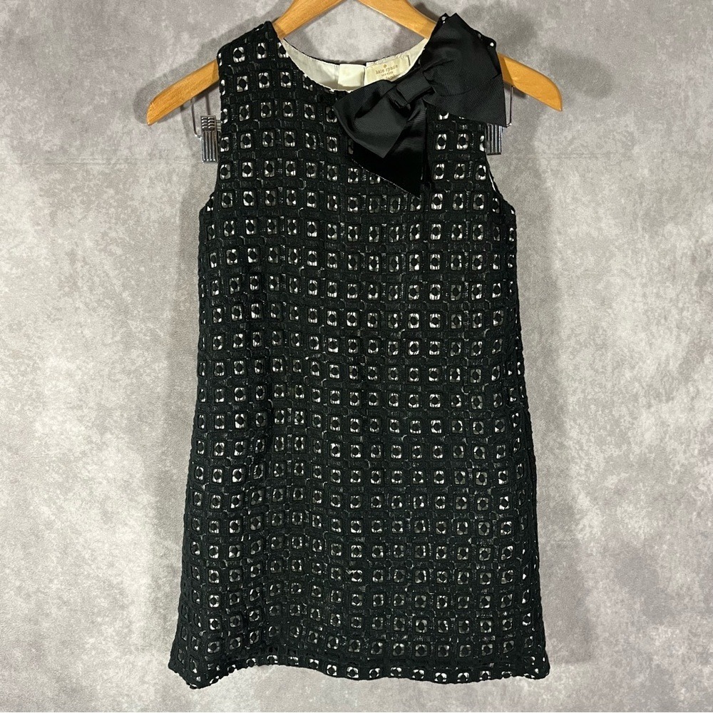Kate Spade Eyelet Shift Dress Womens 10 Black White Bow Skirt the Rules Coquete